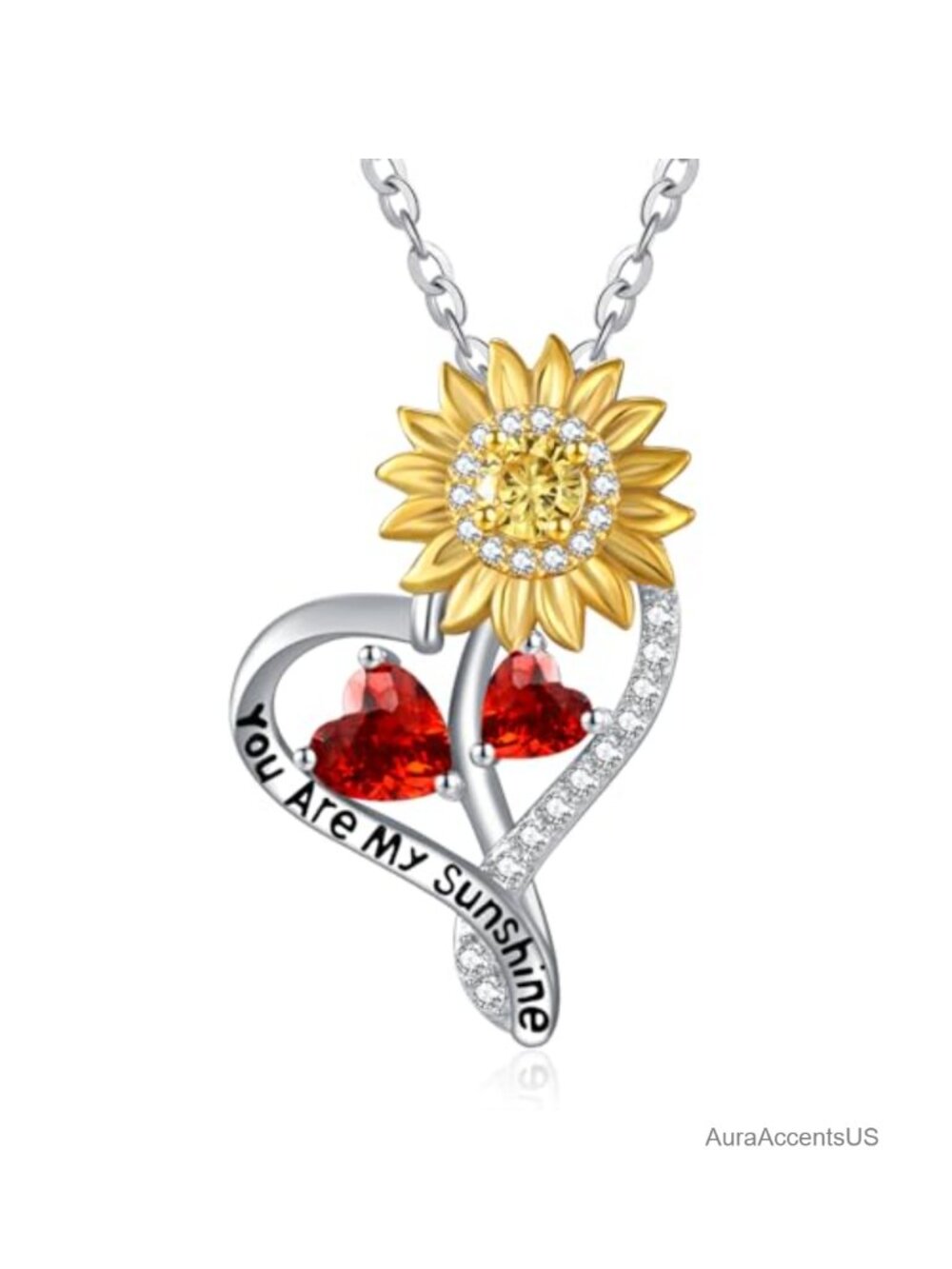 Sunflower Necklace Two Birthstones S925 Sterling Silver Pendant